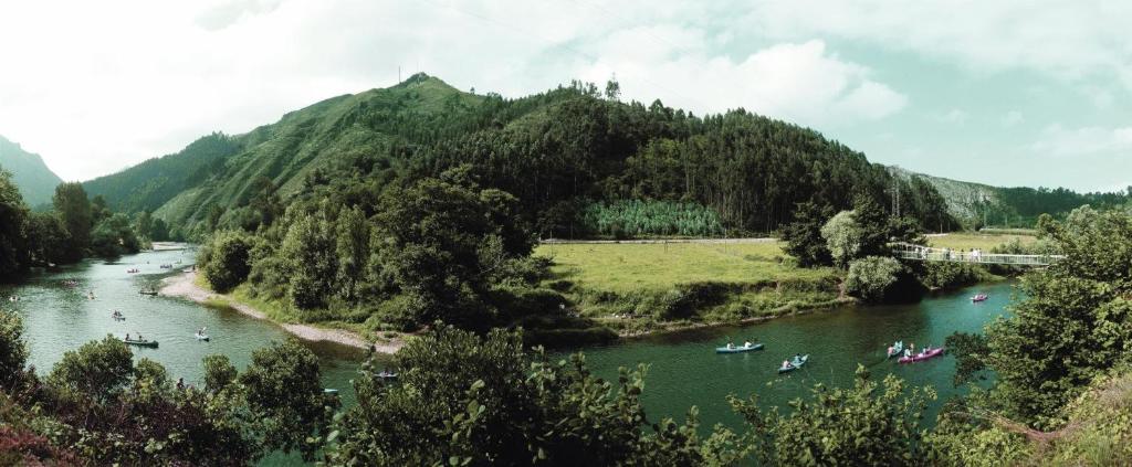 Un río con varios barcos en él frente a una montaña. en Apartamento El Fondon 1, en Cangas de Onís
