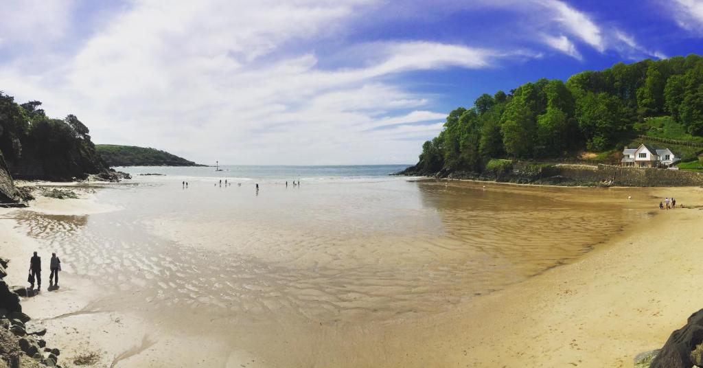 un gruppo di persone che camminano su una spiaggia di Salcombe Bolthole Room a Salcombe