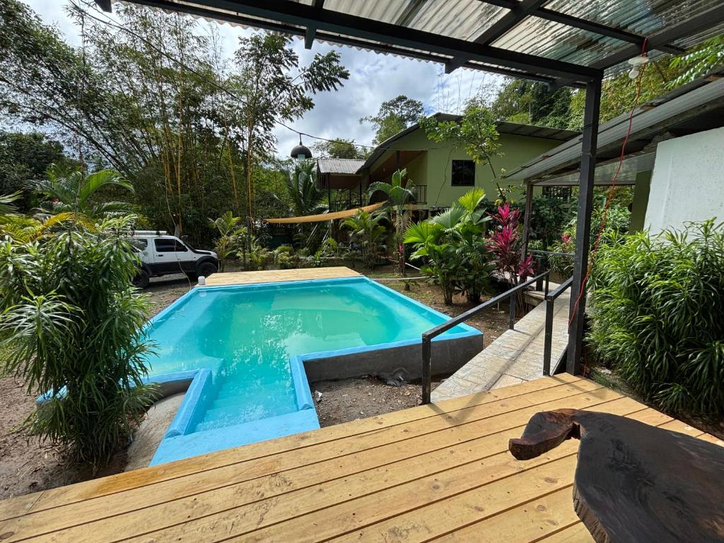a swimming pool in a yard with a wooden deck at Monkey House & Camping in Drake
