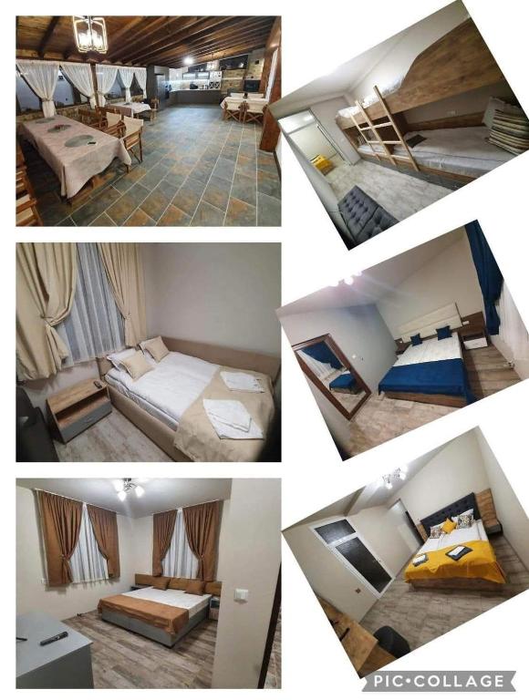 a collage of four pictures of a hotel room at Странската изба in Kalofer