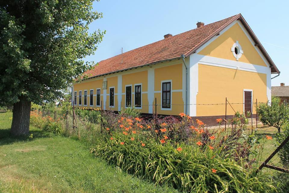 MezőhegyesにあるPeregi Vendégházの花の目の前の黄白の建物