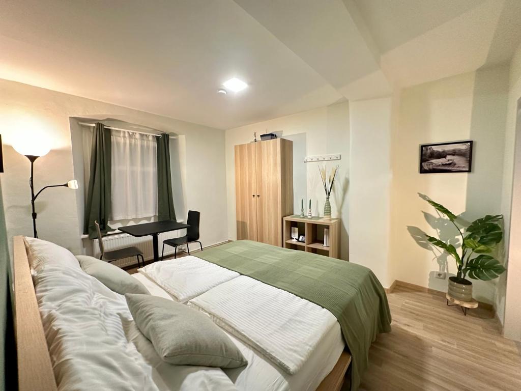 Un dormitorio con una cama y un escritorio. en RP-Apartments, en Graz