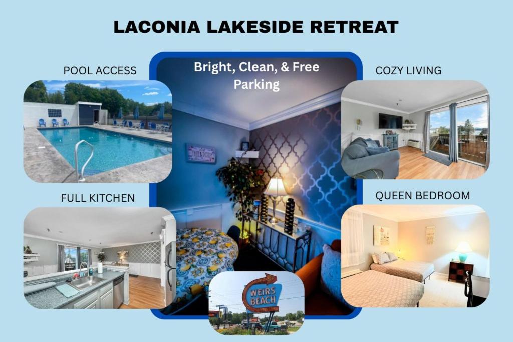 a collage of four pictures of a house at Escape to a Modern Laconia Condo With Pool, Balcony & Free Parking! in Laconia