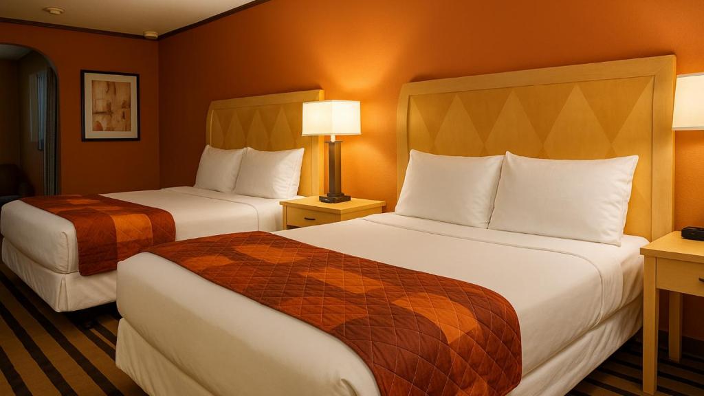 een hotelkamer met twee bedden en twee lampen bij Gated 2 Double Bed Studio with Full Kitchen 108 in Baton Rouge