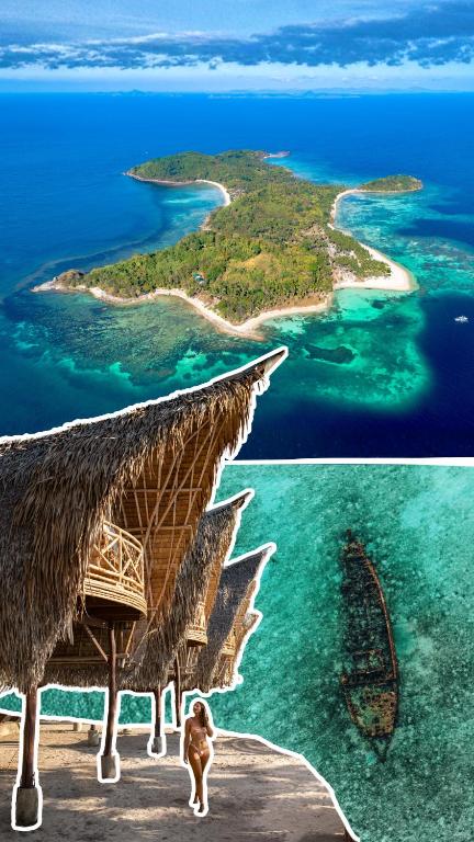 two pictures of an island with a thatched roof at Isla - The Island Experience in El Nido