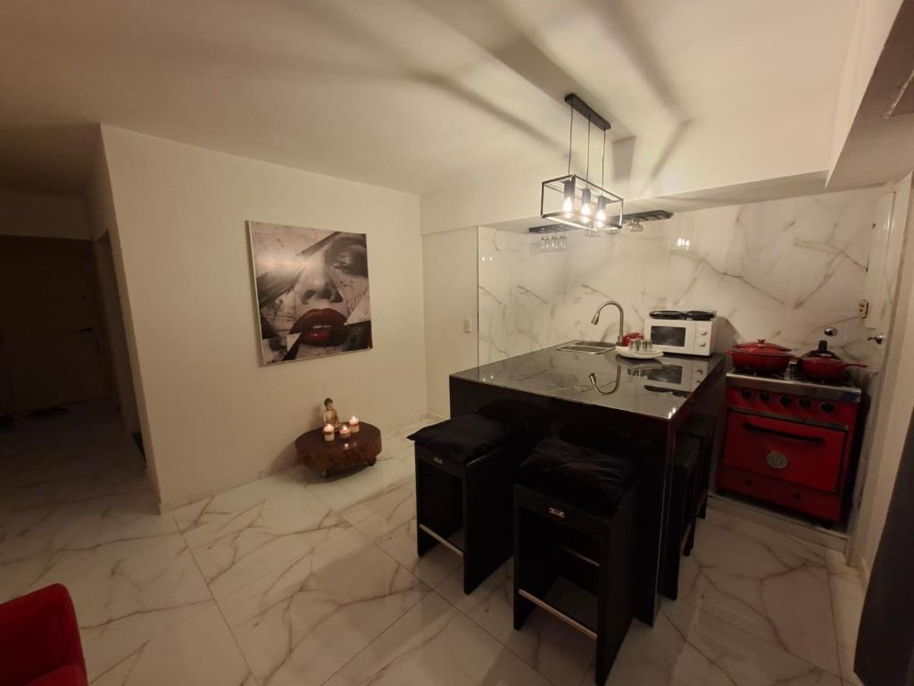 Una cocina con fregadero y encimera en una habitación. en Departamento Vicco, en Pinamar