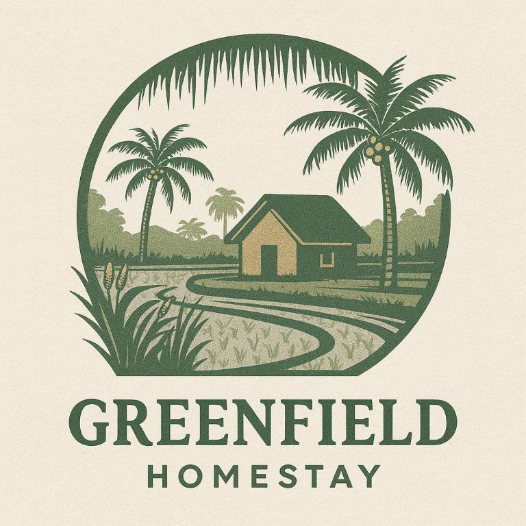 a greenfield homesay logo with palm trees and a house at Greenfield-Lombok in Tetebatu