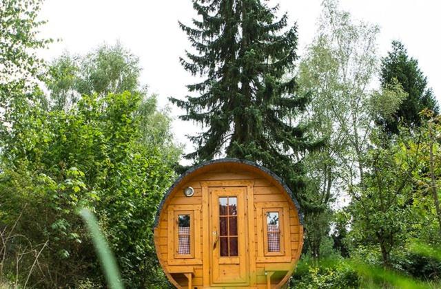 Campingfass im Naturresort Weserinsel في Langwedel: كابينة خشبية صغيرة وسط الأشجار