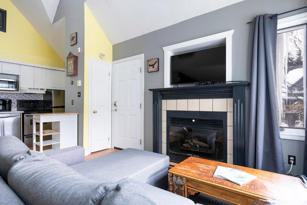a living room with a couch and a fireplace at Sunshine Summit Ski-In-Out Pool Shuttle in Blue Mountains