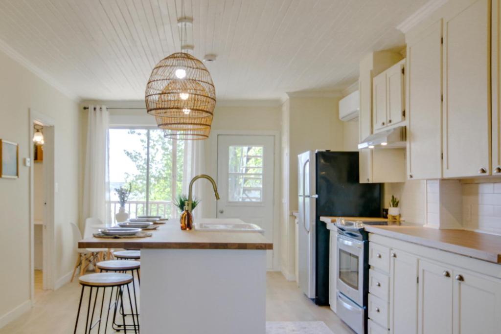 三河城Séjour zen au Bor de l'eau的厨房配有白色橱柜和黑色冰箱