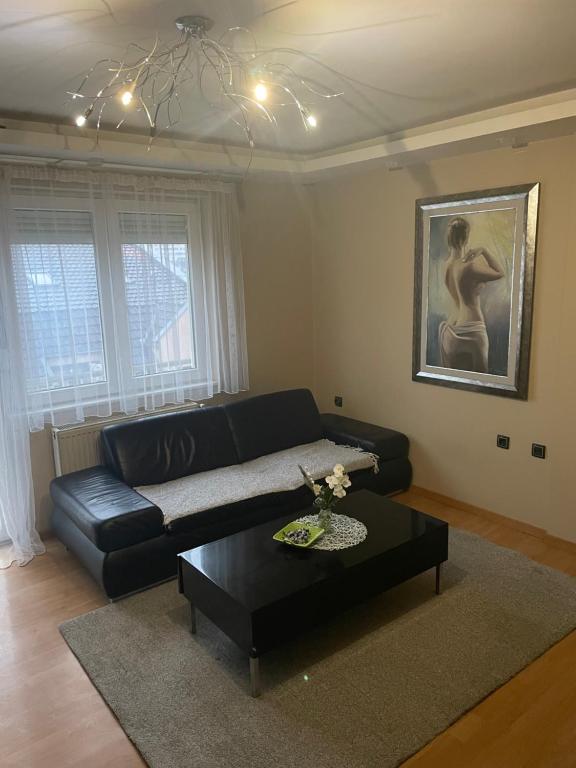 Una sala de estar con un sofá de cuero negro y una mesa. en Panorama Bulevar, en Niš