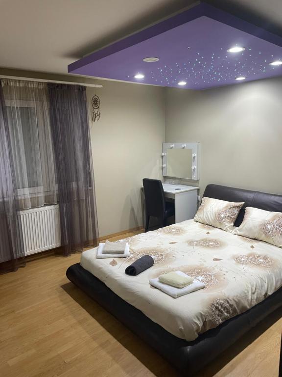 een slaapkamer met een groot bed met een paars plafond bij Panorama Bulevar Delta Planet, free parking in Niš
