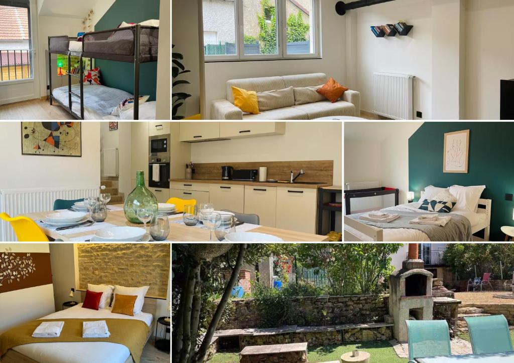 eine Collage mit Fotos von einem Wohnzimmer und einem Schlafzimmer in der Unterkunft Gîte L'Écrin - Maison de charme 8Pers - By Primo in Buxy