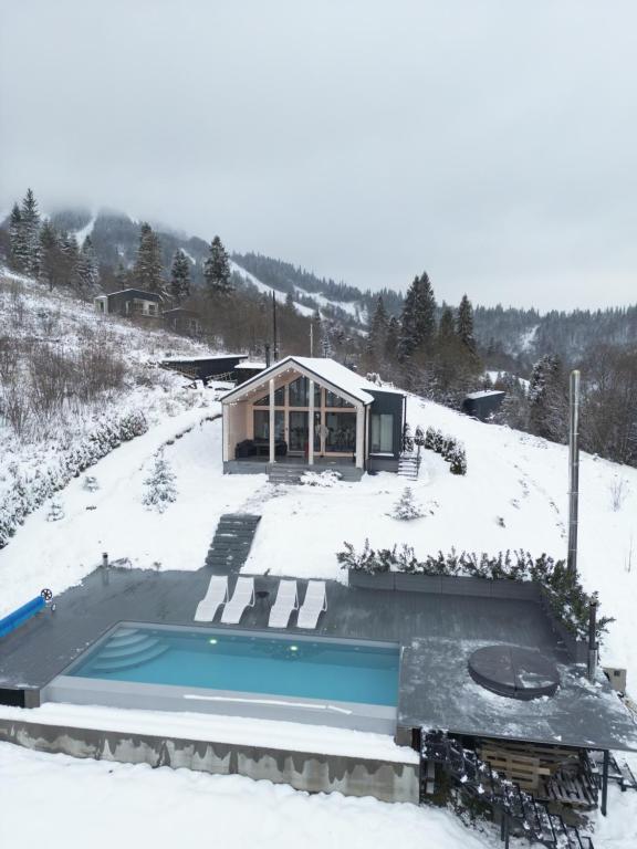 a house with a swimming pool in the snow at Rest Hub in Slavske