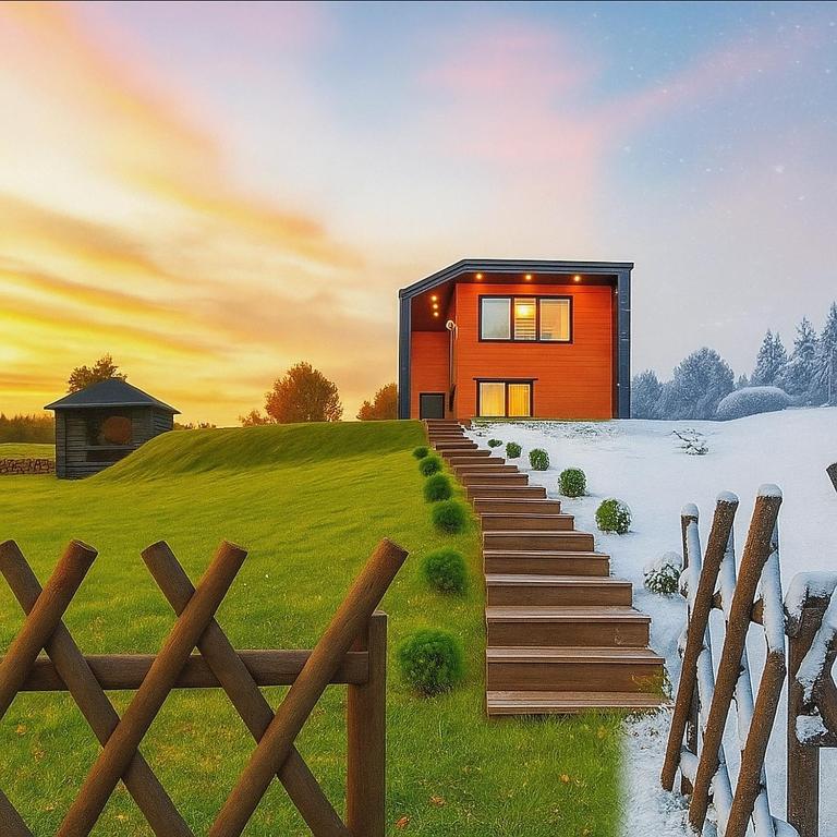 a house on a hill with a staircase leading to it at Otepää Holiday House with Sauna, Tehvandi Ski Jump View in Otepää