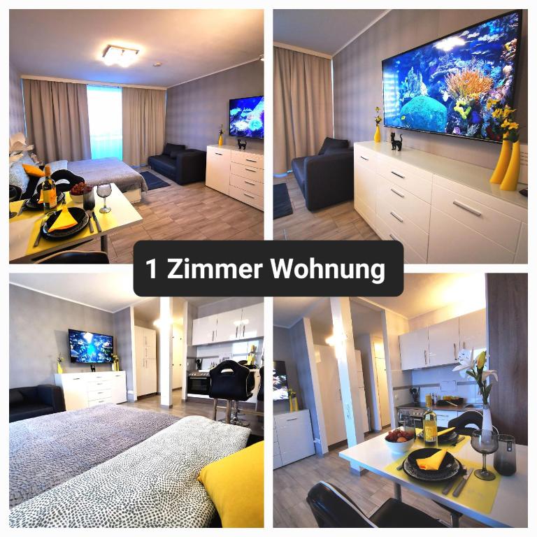 a collage of four pictures of a living room at 3-2-1 Zimmer Wohnungen in Mülheim an der Ruhr in Mülheim an der Ruhr