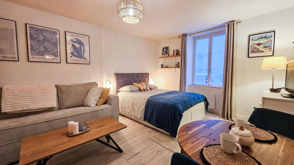 奥尔良La Parenthèse - studio calme proche cathédrale的带床和沙发的客厅