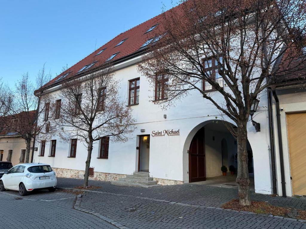 トルナヴァにあるSaint Michael - Garni Hotelの前に車が駐車されている白い建物