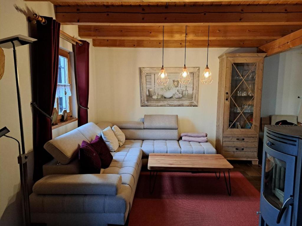 雷根Ferienhaus Walter im Waldferiendorf的客厅里有一张沙发和一张桌子。