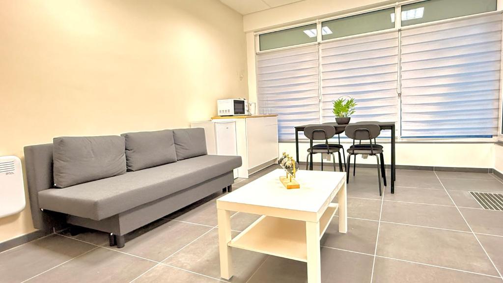 una sala de estar con un sofá y una mesa en Orléan 41 A centre-gare-aéroport, en Charleroi