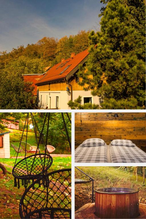 a collage of four pictures of a house and a swing at Las Skarpa apartamenty in Srebrna Góra