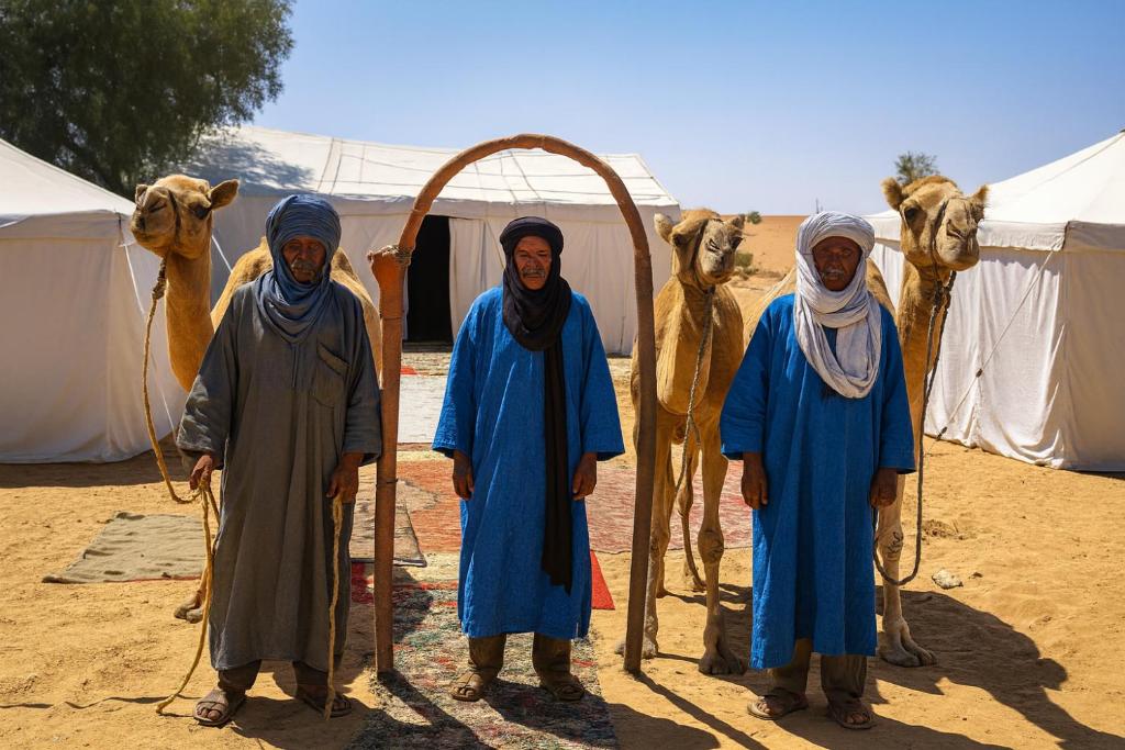 梅尔祖卡ERG MERZOUGA SAHARA CAMP的一群人站在骆驼前面