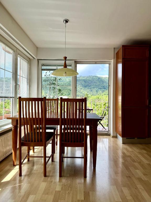 a dining room with a table and chairs and a window at Apartments Gorje Hideaway in Spodnje Gorje