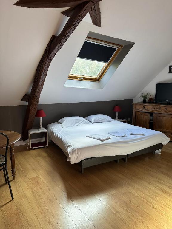 een slaapkamer met een bed en een dakraam bij Studio Bd Béranger centre de Tours in Tours