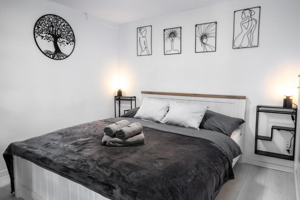 圣安德烈Bükkös Liget Apartman的卧室配有泰迪熊躺在床上