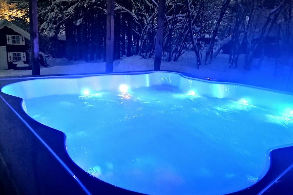 einen Whirlpool mit Lichtern im Schnee in der Nacht in der Unterkunft Nordic Nest Living. in Rovaniemi