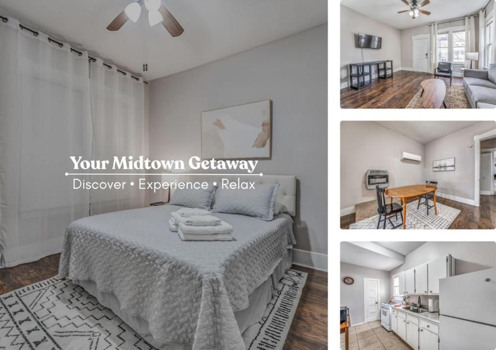 ein weißes Schlafzimmer mit einem Bett und einem Esszimmer in der Unterkunft Your Midtown Getaway - Central, Walkable and Calm in Memphis