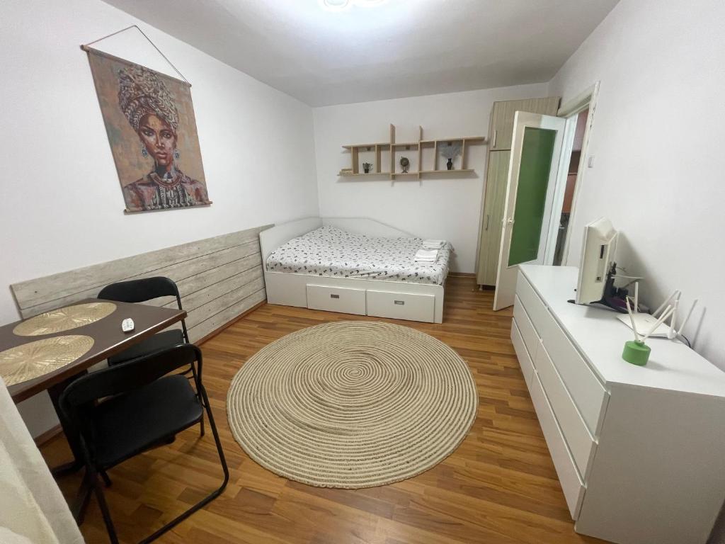 a small room with a bed and a table at Studio Modest in Craiova