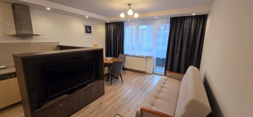 a living room with a large flat screen tv at Łąkowa 7 Apartamenty LUNA Białystok in Skorka