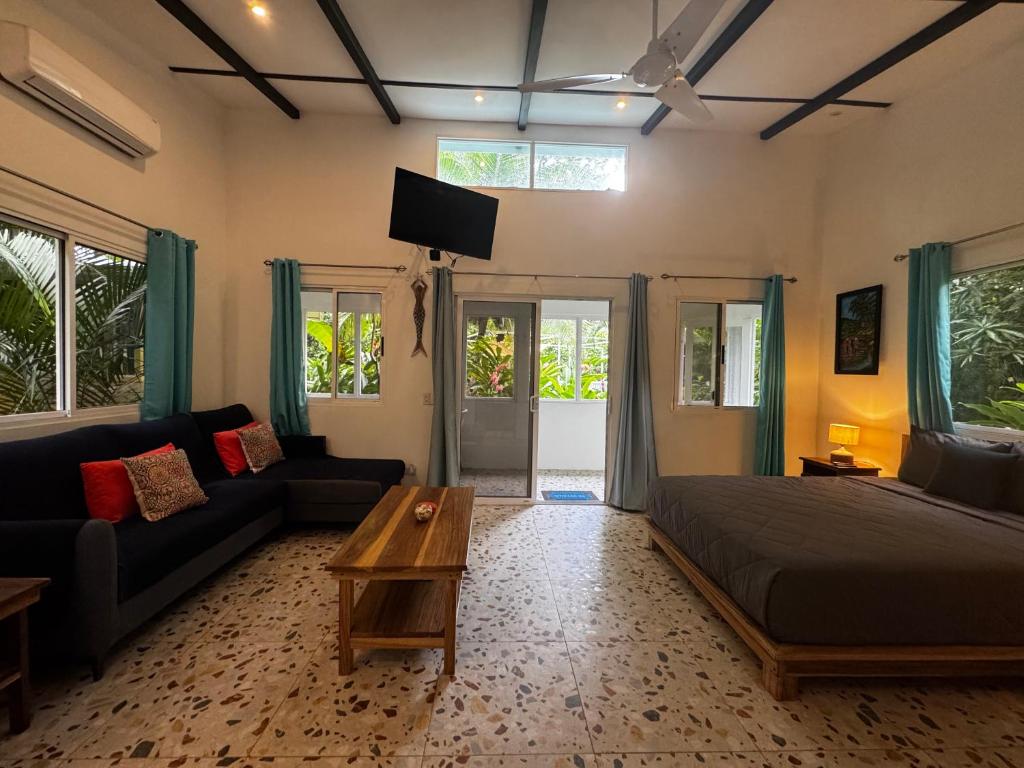 Casita Azul Studio with shared swimming pool في بونتا أوفا: غرفة معيشة بها أريكة وطاولة