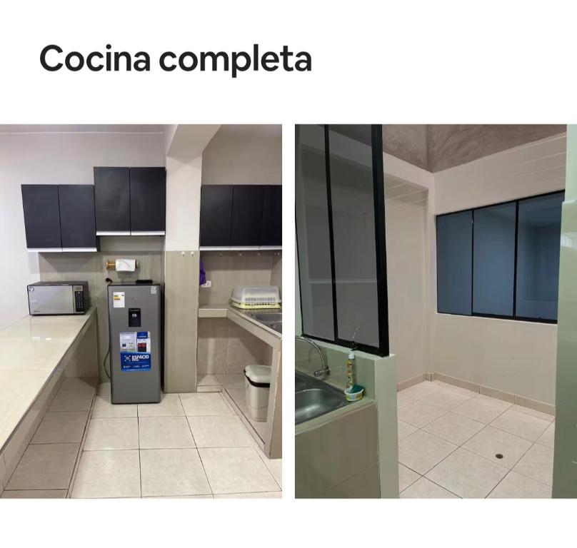 two pictures of a kitchen with black cabinets and a refrigerator at La campiña in Lima