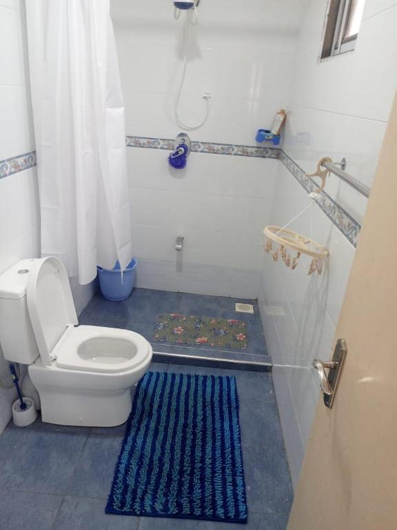 a bathroom with a toilet and a blue rug at Swahili home stay in Mombasa
