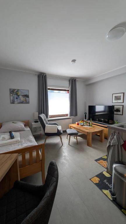a living room with a couch and a table at Studio-Apartment Goslar in Wolfenbüttel