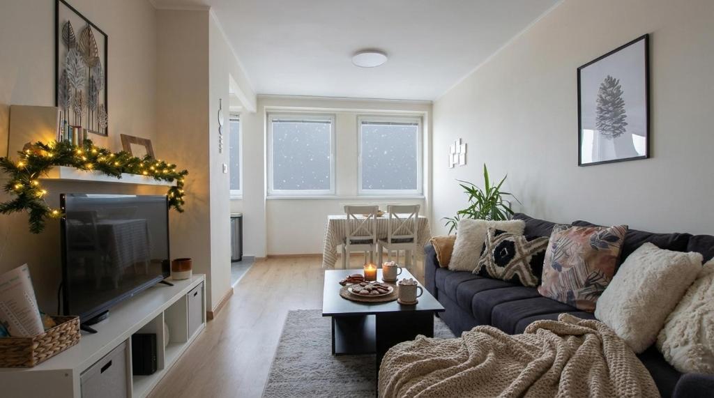 un soggiorno con un divano e una TV di SuperB apartment with incredible view at the best location a Veszprém