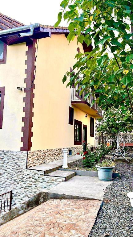 a house with a staircase leading to the front of it at Casa Cosmina in Sînnicolau Mare