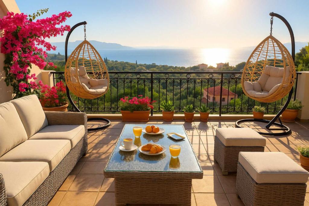 une terrasse avec un canapé, des chaises et une table dans l'établissement Aegean Bliss - Marathos Retreat Samos, à Marathokampos