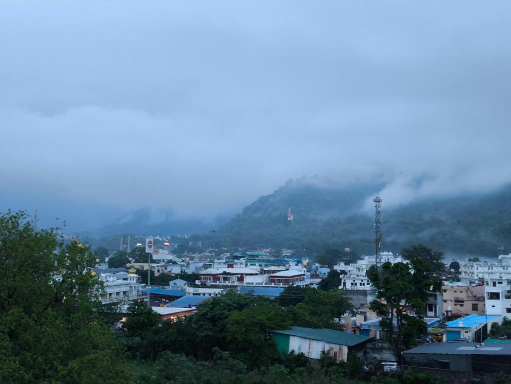 a view of a city with a mountain in the background at Hotel Shree Hari in Rishīkesh