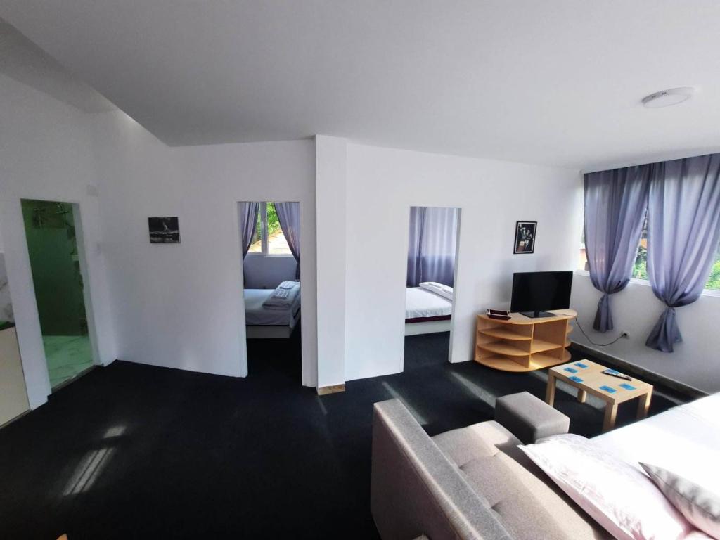 een woonkamer met een bank en een tv bij Panorama Borsko jezero in Beljevina