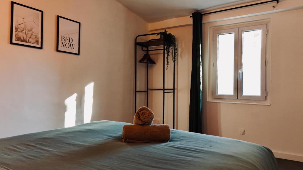 布里尼奥勒Juni - Climatisé & Balconnet的一间卧室，里面有一张床和一扇窗户。