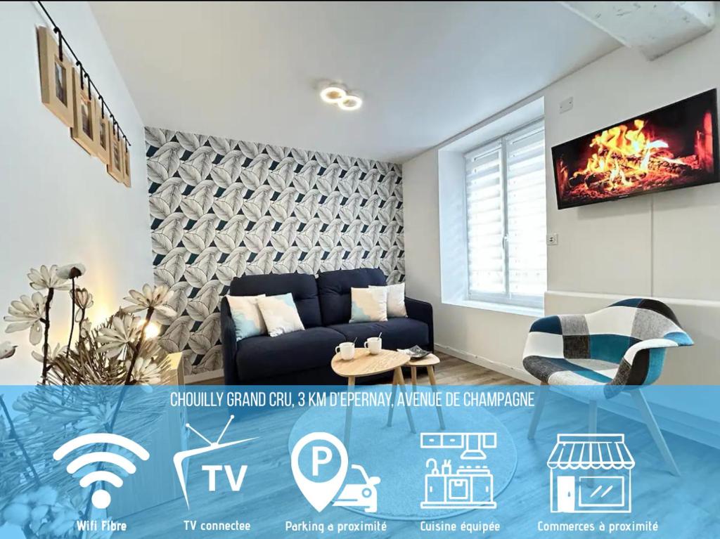 a living room with a blue couch and a tv at Le Meunier in Chouilly