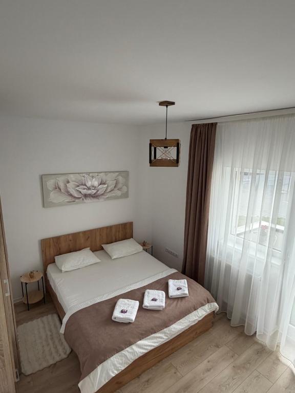 CisnădieMalina Residence Aparthotel的卧室里有一张床，床上放着两条毛巾。