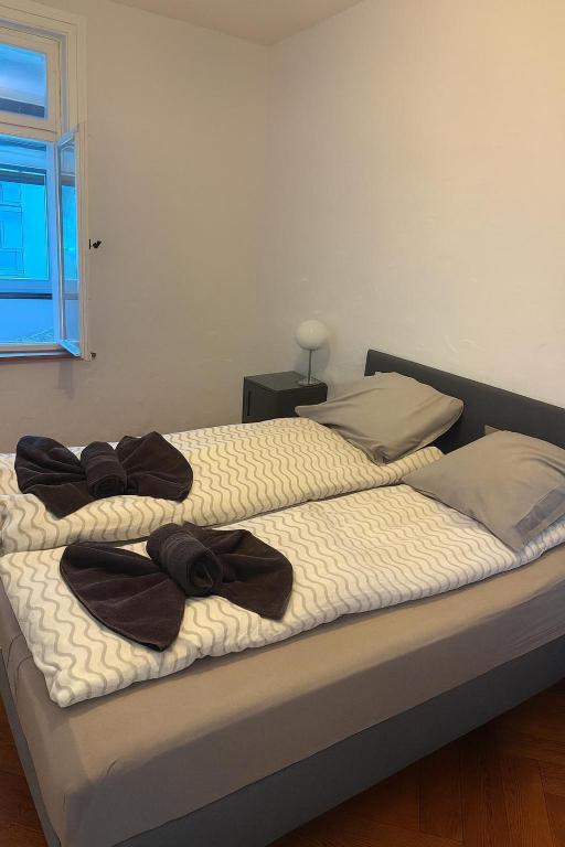 two beds with towels on them in a room at Cool and Laidback at Sankt Johann in Basel