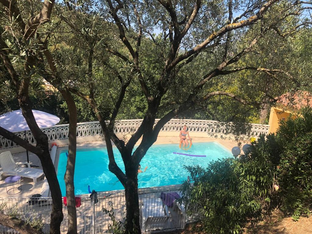 une piscine avec des gens dans l'eau dans l'établissement Maison Collobrières, à Collobrières