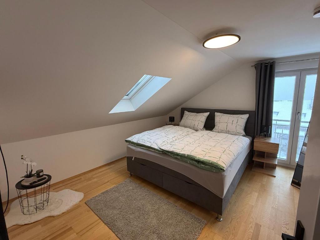 a bedroom with a bed with a skylight and a window at Landhaus am Burgberg in Freyung
