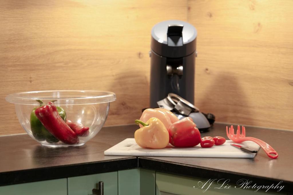 a juicer and a bowl of vegetables on a counter at Ferienwohnung Bienennest in Mittenwald