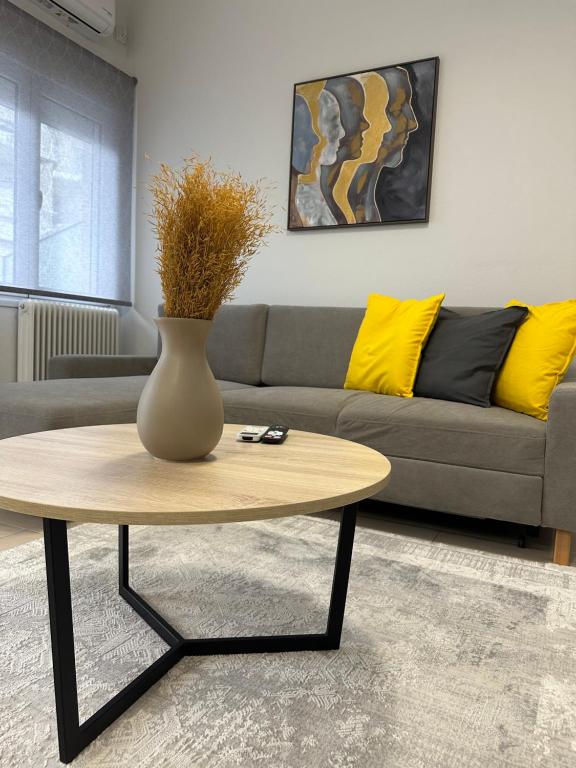 un vaso seduto su un tavolino in soggiorno di Central stay a Larisa